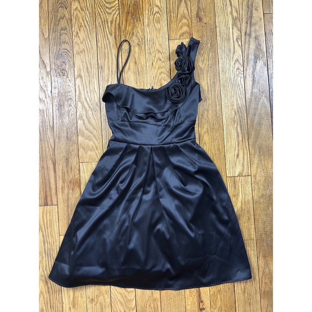 NEW Y2K Taboo Black One Shoulder Satin Dress Roses Ruffle Cocktail Party Medium